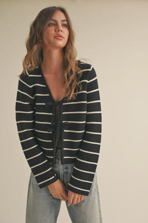 STRIPED TIED FRONT CARDIGAN J4757