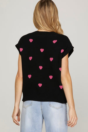 VNECK HEART PATTERN KNIT SWEATER