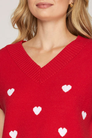 VNECK HEART PATTERN KNIT SWEATER