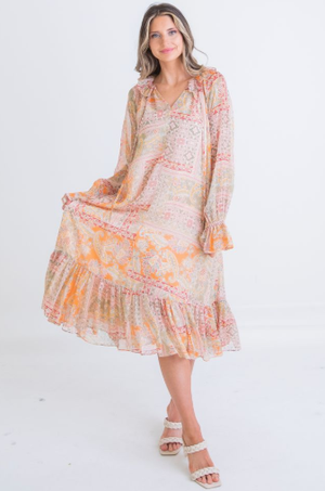 PAISLEY CHIFFON RUFFLE MIDI DRESS