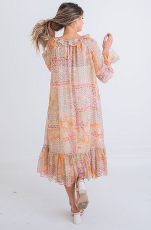 PAISLEY CHIFFON RUFFLE MIDI DRESS