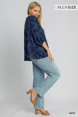 PLUS SIZE NAVY FLOCKED LS TOP