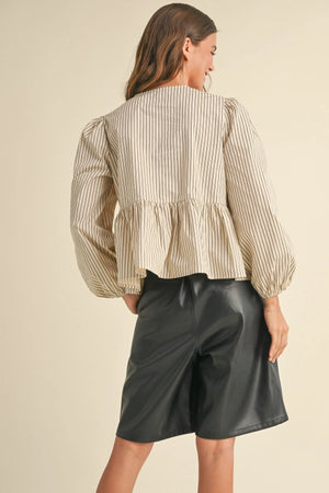 STRIPED WOVEN BLOUSE TIE FRONT T4578